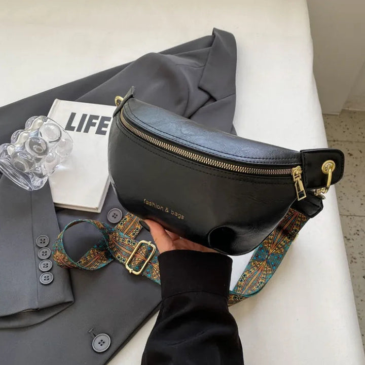 Damen-Schultertasche Croissant – Geflochtenes Trageband &amp; goldene Beschläge