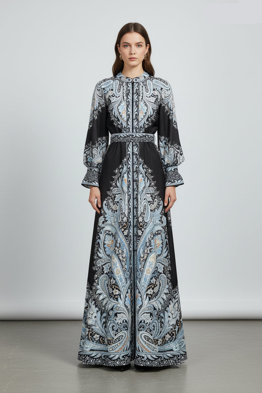 Robe Femme Maxi Imprimée – Col à Revers Manches Lanternes