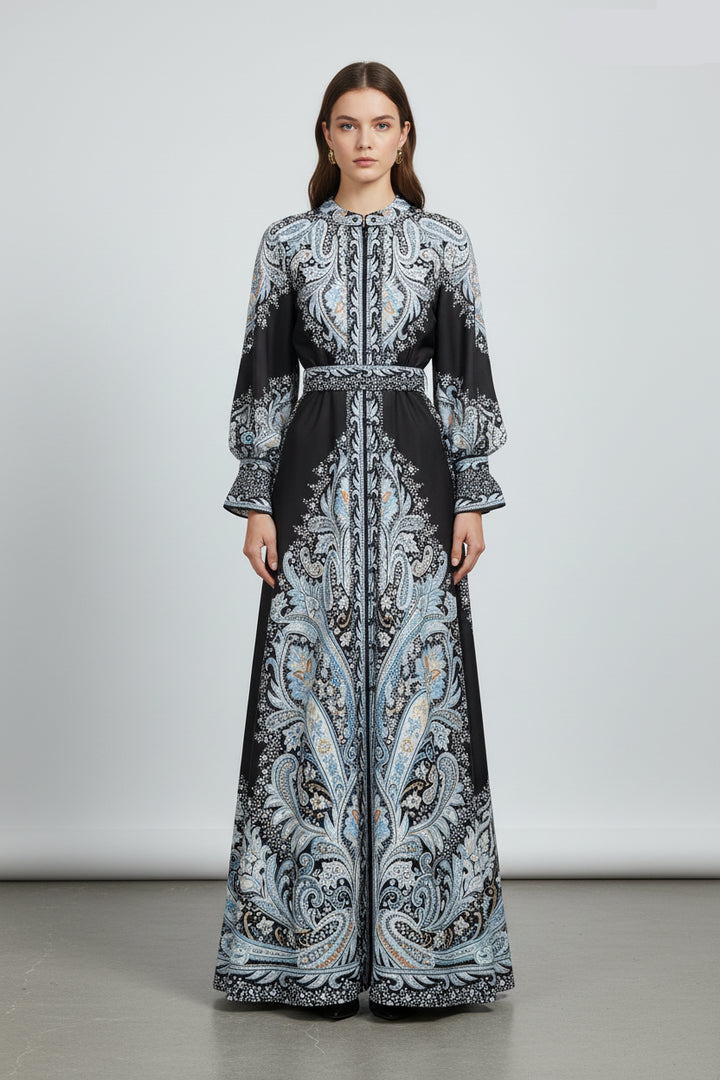Robe Femme Maxi Imprimée – Col à Revers Manches Lanternes