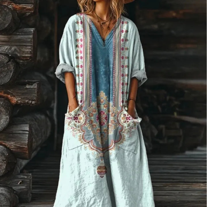 Vintage-Maxikleid für Damen mit Blumenmuster – lässiger V-Ausschnitt mit Taschen
