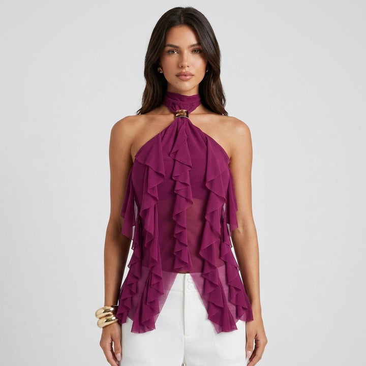 Women's Top Halter in Chiffon – Cascade Ruffles and Elegant Open Back