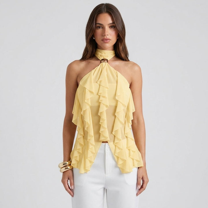 Women's Top Halter in Chiffon – Cascade Ruffles and Elegant Open Back
