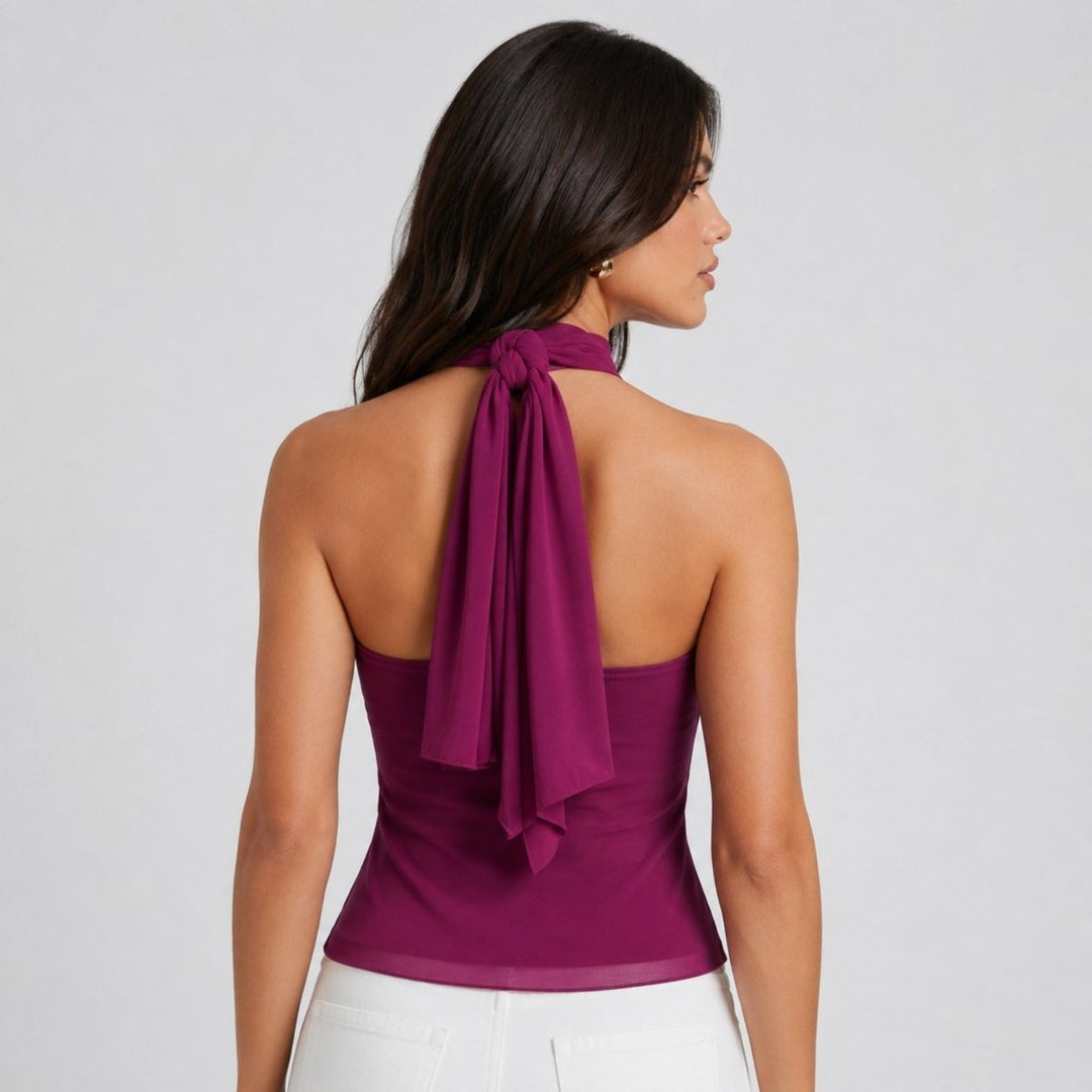 Women's Top Halter in Chiffon – Cascade Ruffles and Elegant Open Back