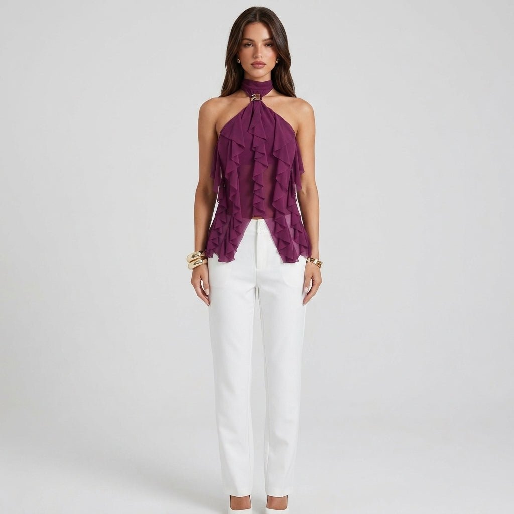 Women's Top Halter in Chiffon – Cascade Ruffles and Elegant Open Back