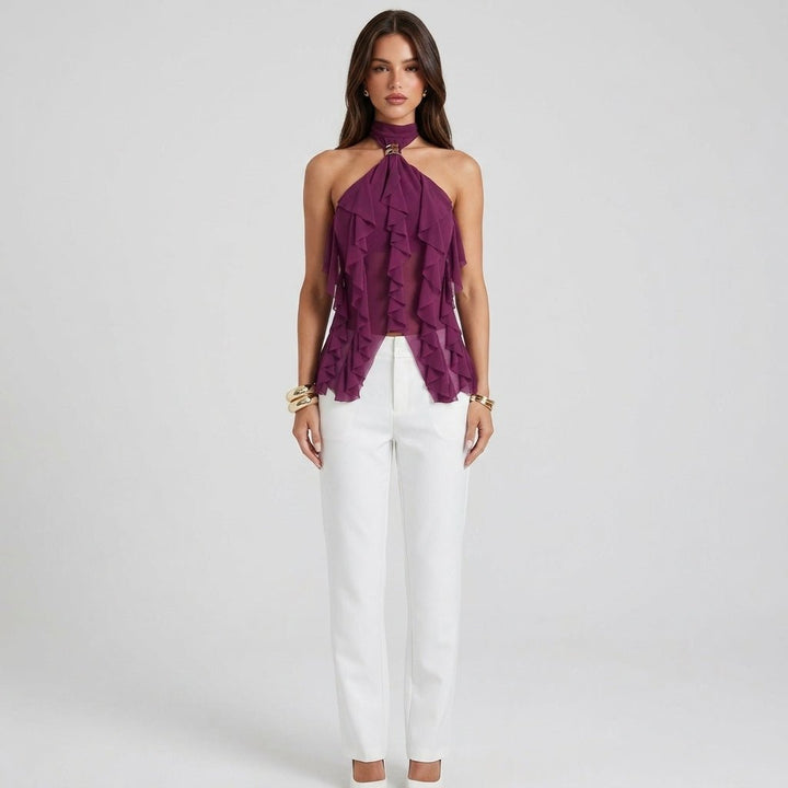 Women's Top Halter in Chiffon – Cascade Ruffles and Elegant Open Back