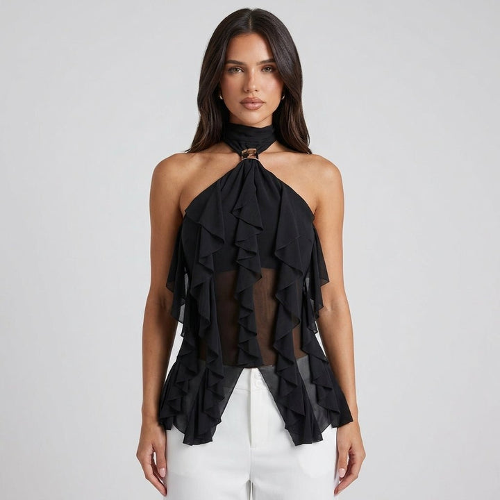 Women's Top Halter in Chiffon – Cascade Ruffles and Elegant Open Back