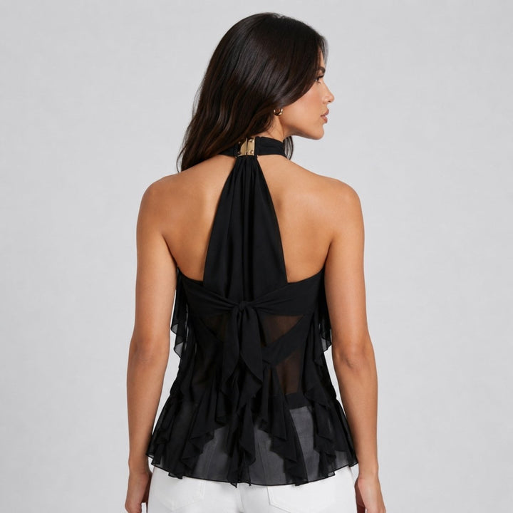 Women's Top Halter in Chiffon – Cascade Ruffles and Elegant Open Back