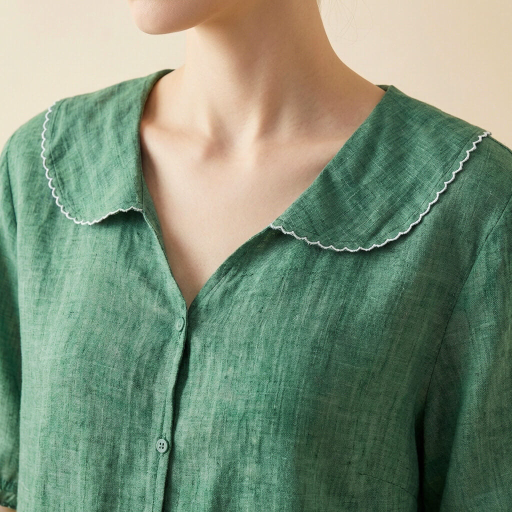 Leinen-Bluse mit Knöpfen für Damen – Peter-Pan-Kragen lockerer Schnitt