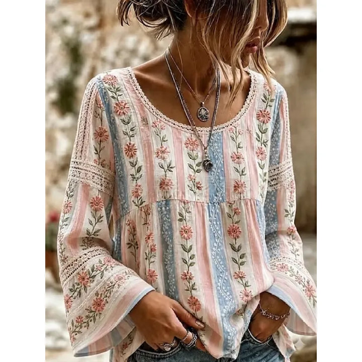 Damenbluse aus Leinenmischung – florale Stickerei, lockerer Schnitt