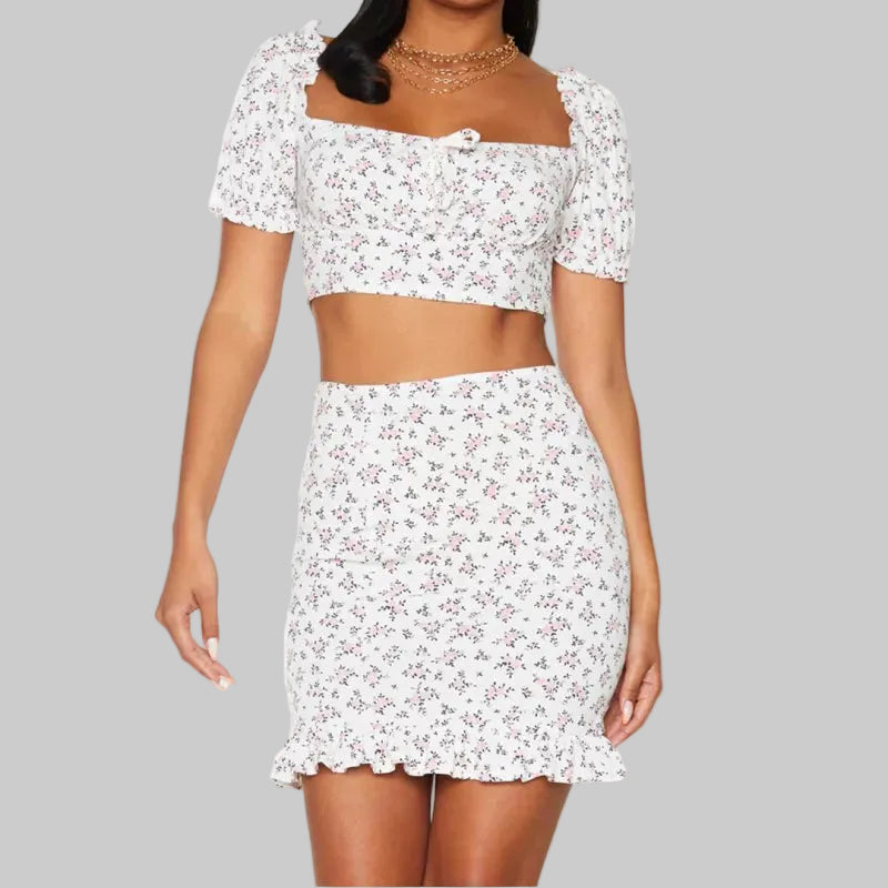 Women's Two-Piece Floral Set – Bardot Top & Ruffled Mini Skirt