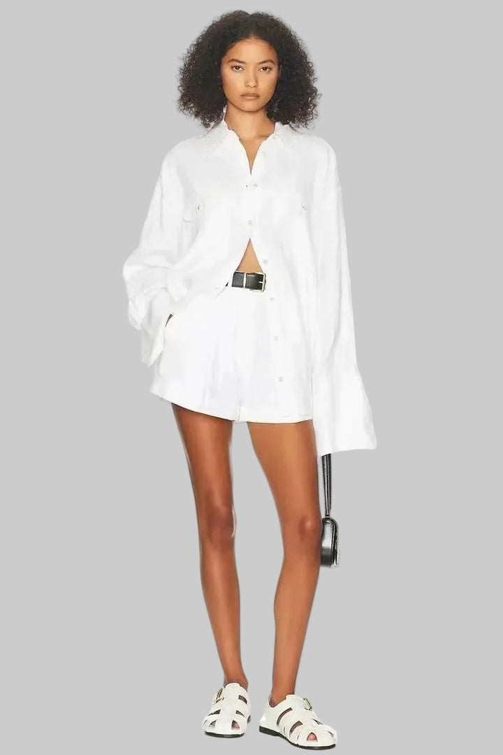 Zweiteiliges Damen-Set – Oversize-Hemd & Plissierte High-Waist-Shorts