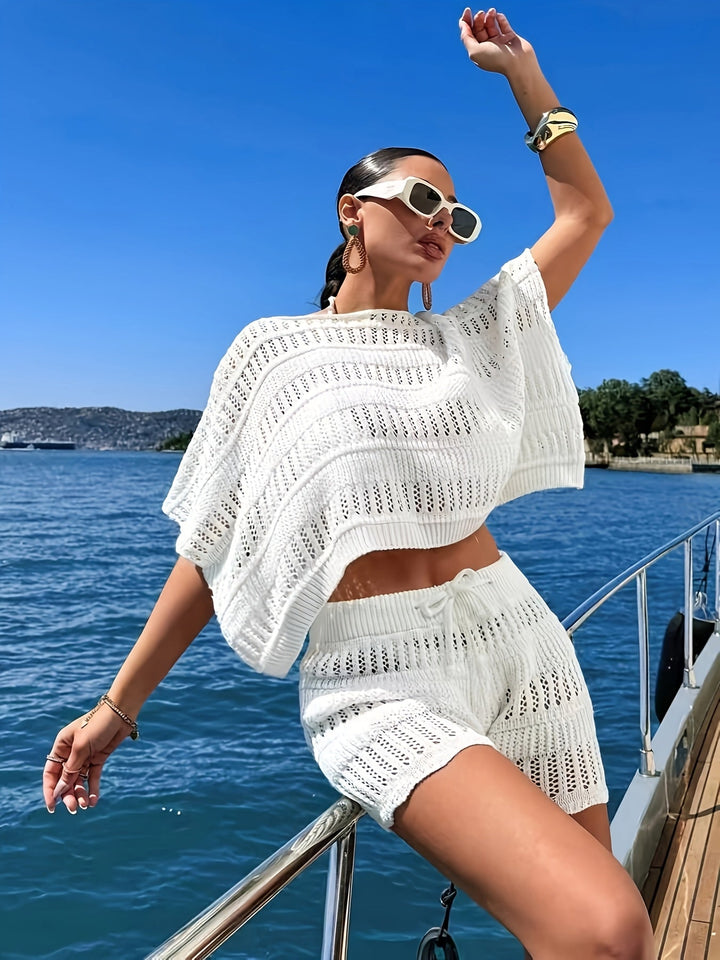 Ensemble Deux Pièces Femme en Crochet – Top et Short à Mailles Ajourées
