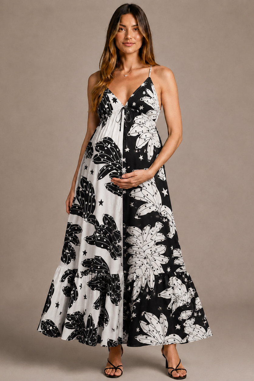 Women's Long Dress Floral Print – V-Neck Thin Straps Flowing Fit