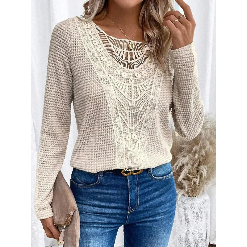 Strickpullover für Damen mit Häkelpaneel – Langarm, Rundhalsausschnitt