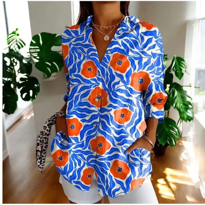 Women's Floral Print Shirt – Relaxed Fit with Mandarin Collar