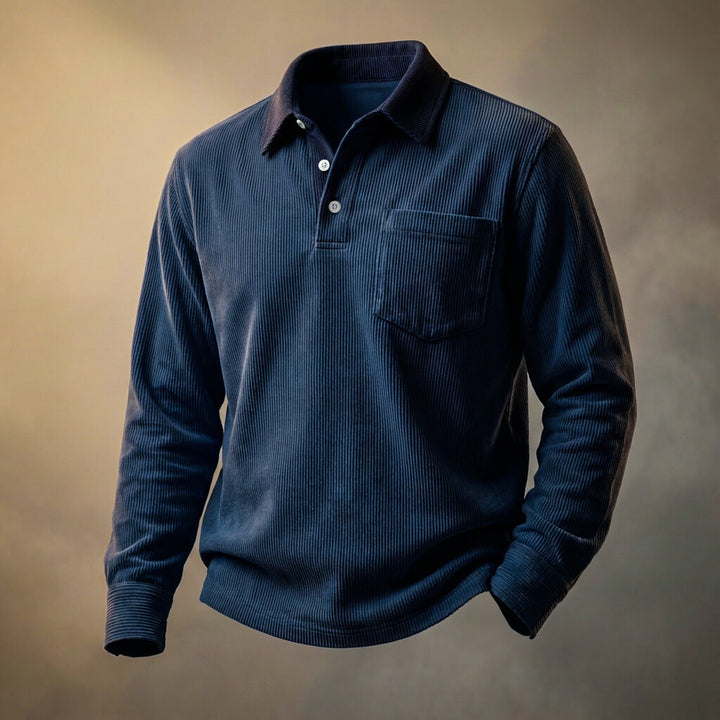 Herren-Poloshirt aus geripptem Samt mit langen Ärmeln – Smart-Casual Lässiger Schnitt