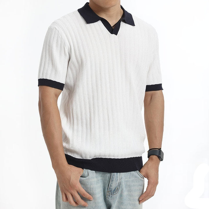 Polo da uomo in maglia coste – Collo a V con bordo a contrasto