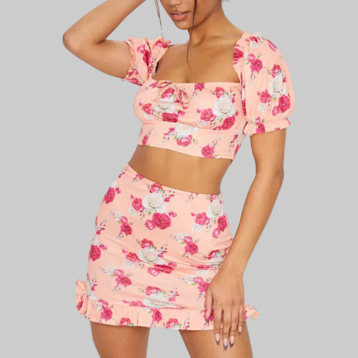 Women's Two-Piece Floral Set – Bardot Top & Ruffled Mini Skirt