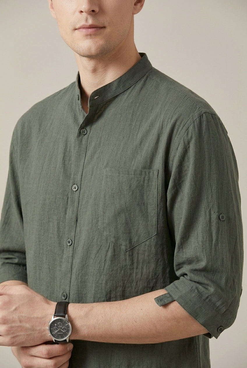 Chemise Homme Col Mao Tissée – Manches Trois-Quarts Coupe Décontractée