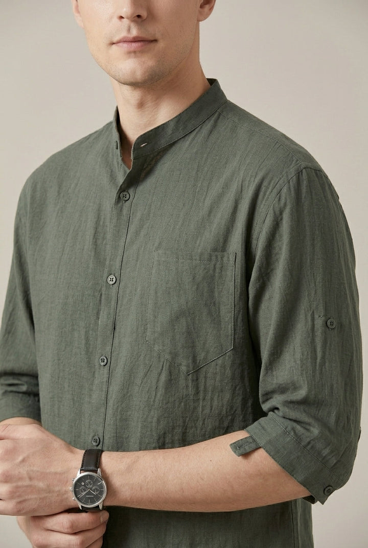 Chemise Homme Col Mao Tissée – Manches Trois-Quarts Coupe Décontractée