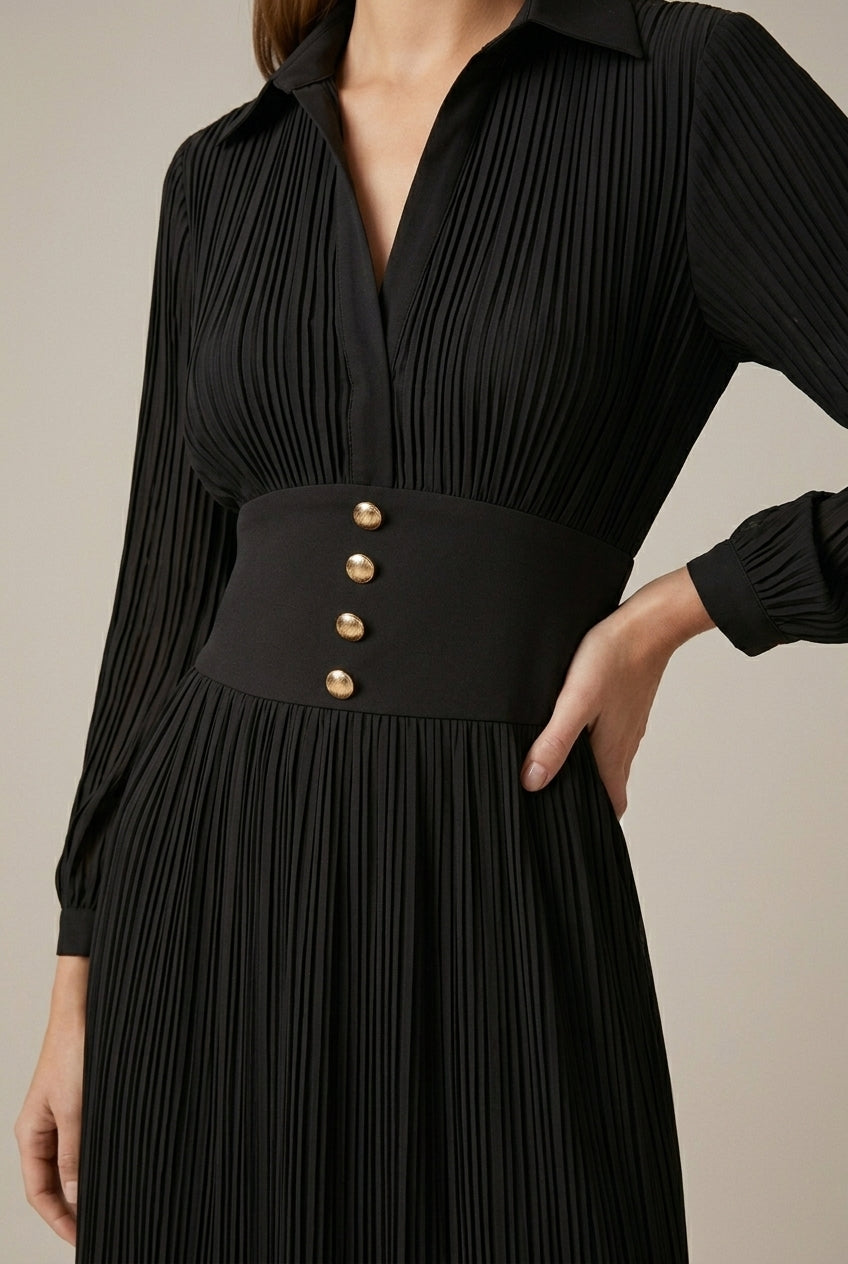 Women's Long Pleated Dress with V-Neck – Long Sleeves and Buttoned Belt