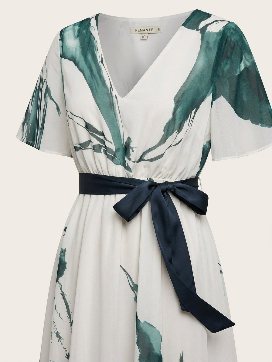 Women's Long Dress with Abstract Print – V-Neck Wrap Belted