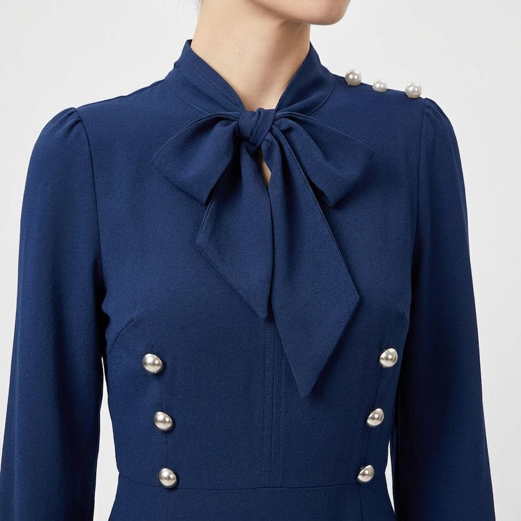 Women's Midi Dress A-Line – Decorative Crossed Buttons and Bow Collar with Long Sleeves