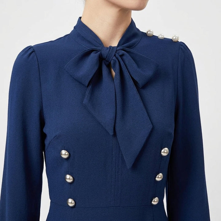 Women's Midi Dress A-Line – Decorative Crossed Buttons and Bow Collar with Long Sleeves