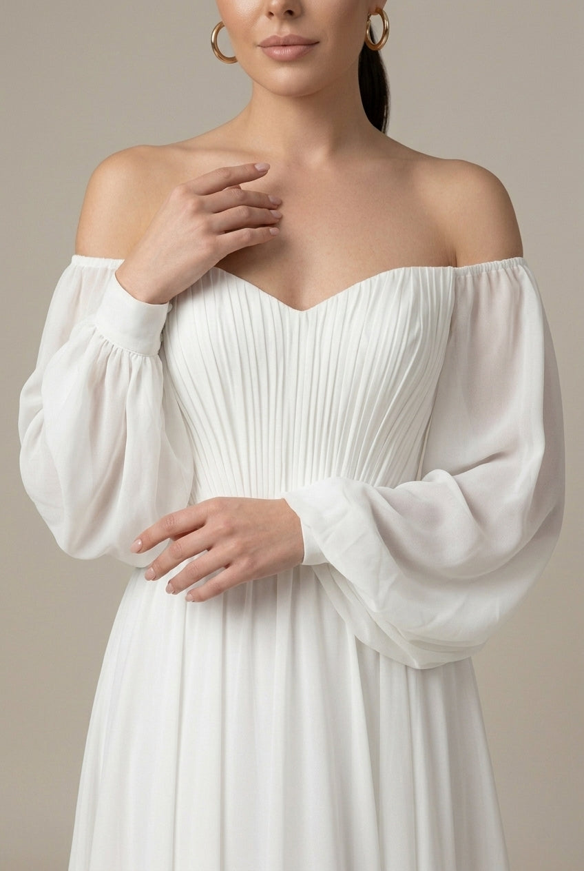 Damen Maxikleid mit freiliegenden Schultern aus Musselin – Faltenwurf, Puffärmel