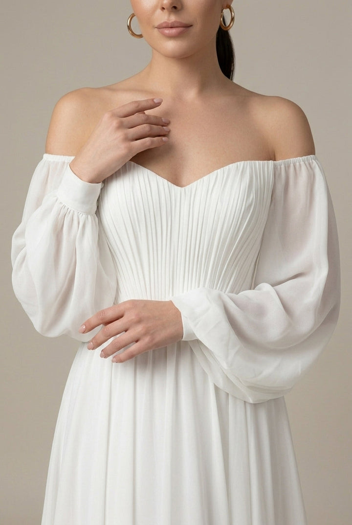 Damen Maxikleid mit freiliegenden Schultern aus Musselin – Faltenwurf, Puffärmel