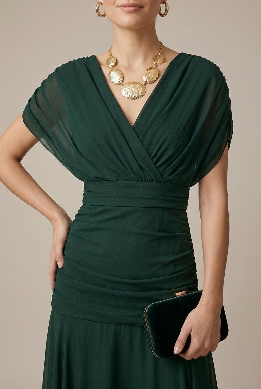 Women's Long Dress V-Neck – Wrap with Short Sleeves and Sheer Details
