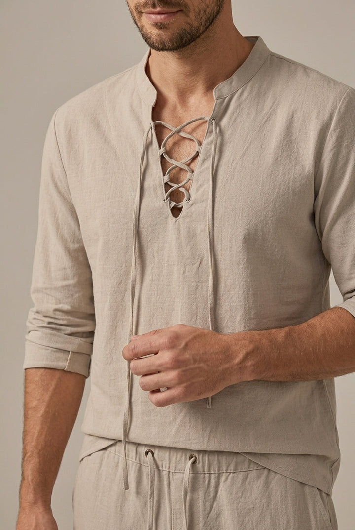 Completo Due Pezzi Uomo Cotone Lino – Collo a V con Lacci & Pantaloni