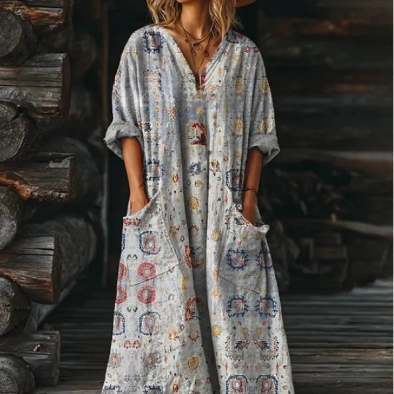 Vintage-Maxikleid für Damen mit Blumenmuster – lässiger V-Ausschnitt mit Taschen
