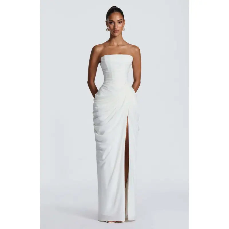 Robe Longue Femme Sans Bretelles Froncée – Fendue Haute Soirée