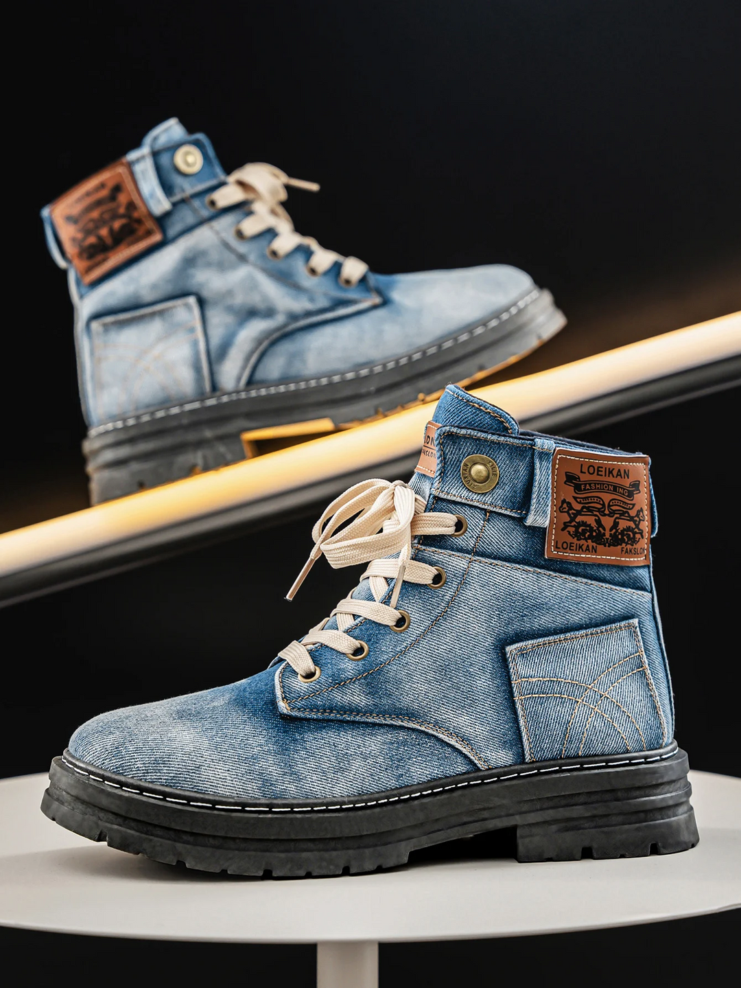 Men's Lace-Up Boots in Textured Canvas – Thick Sole and Contrasting Stitching