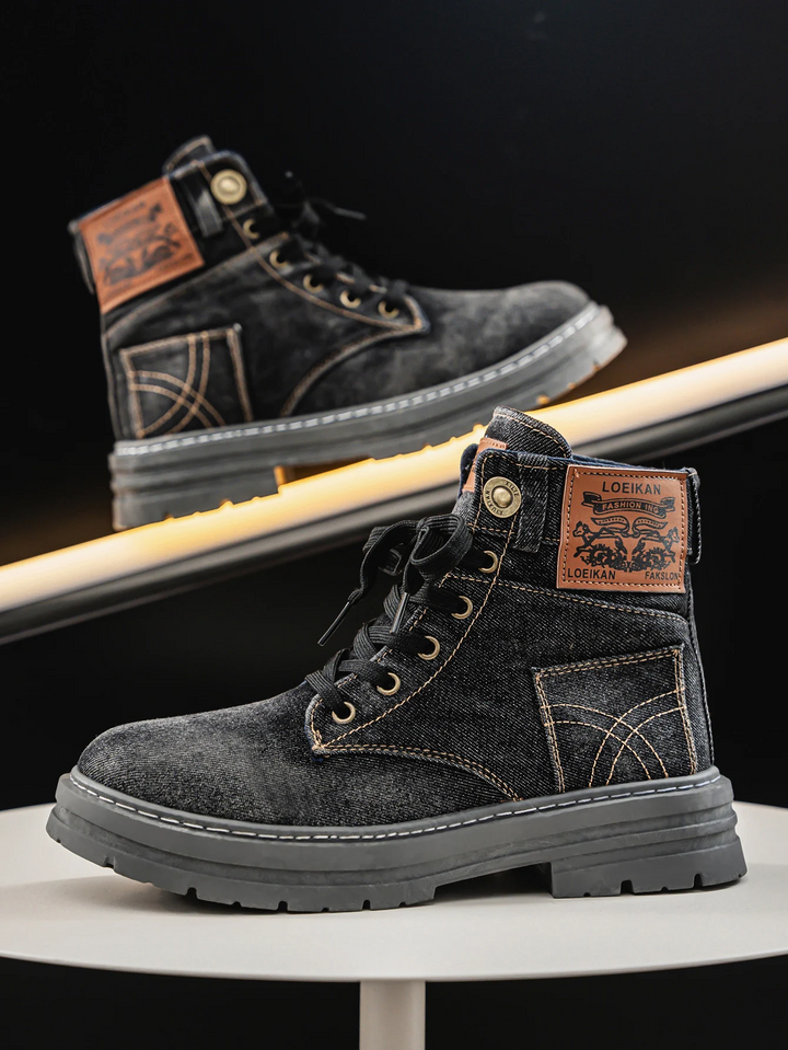 Men's Lace-Up Boots in Textured Canvas – Thick Sole and Contrasting Stitching