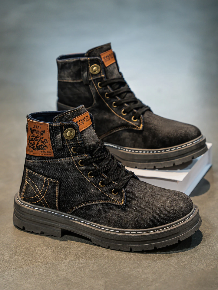 Men's Lace-Up Boots in Textured Canvas – Thick Sole and Contrasting Stitching