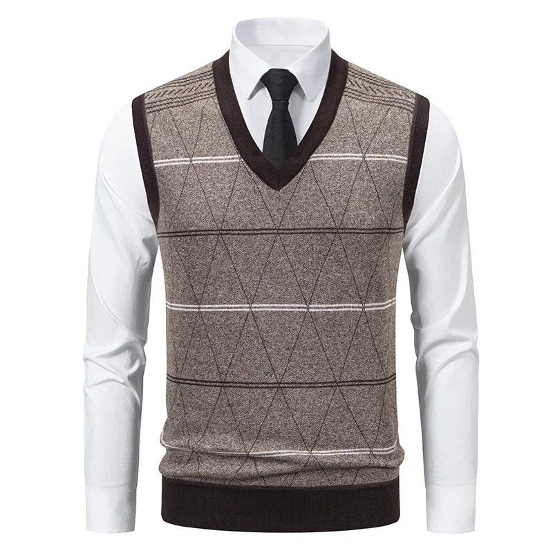 Gilet Uomo Collo a V in Maglia Foderata in Pile – Motivo Rombo