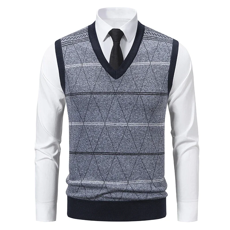 Gilet Uomo Collo a V in Maglia Foderata in Pile – Motivo Rombo