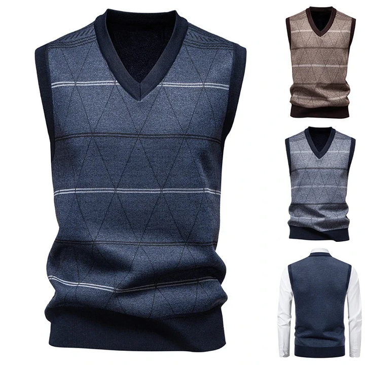 Gilet Uomo Collo a V in Maglia Foderata in Pile – Motivo Rombo