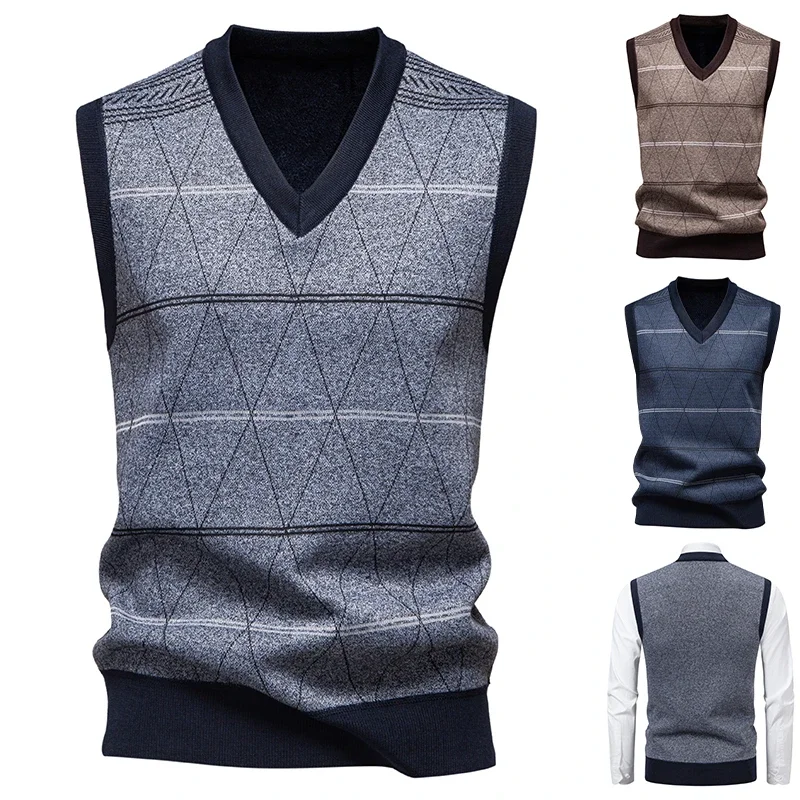 Gilet Uomo Collo a V in Maglia Foderata in Pile – Motivo Rombo