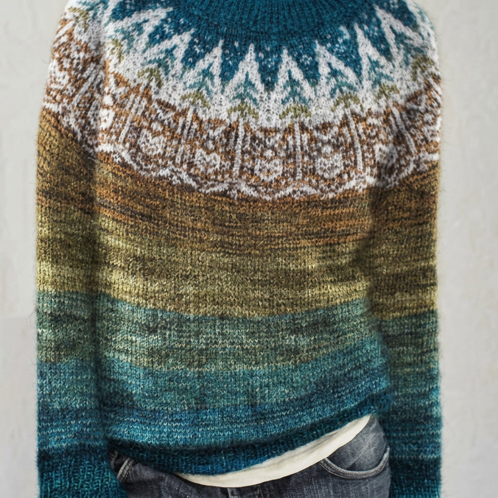 Damesweater i jacquardstrik – Rund hals, afslappet snit