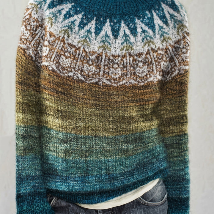 Damesweater i jacquardstrik – Rund hals, afslappet snit