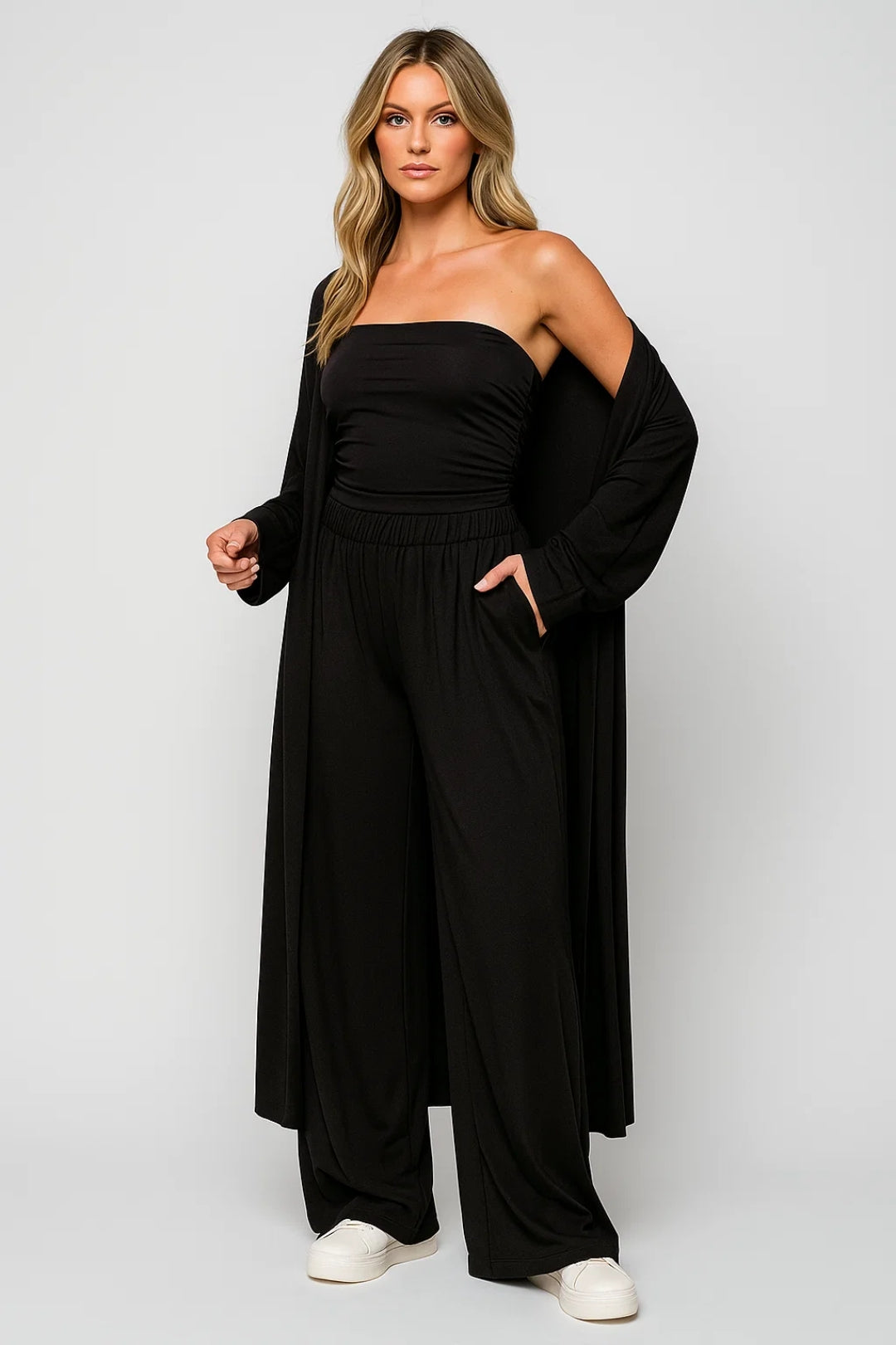 Completo Tre Pezzi Donna – Top, Pantaloni Larghi &amp; Cardigan Lungo