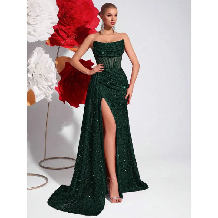 Women's Long Dress with Off-the-Shoulder Design – Pleated Herringbone and Cutouts