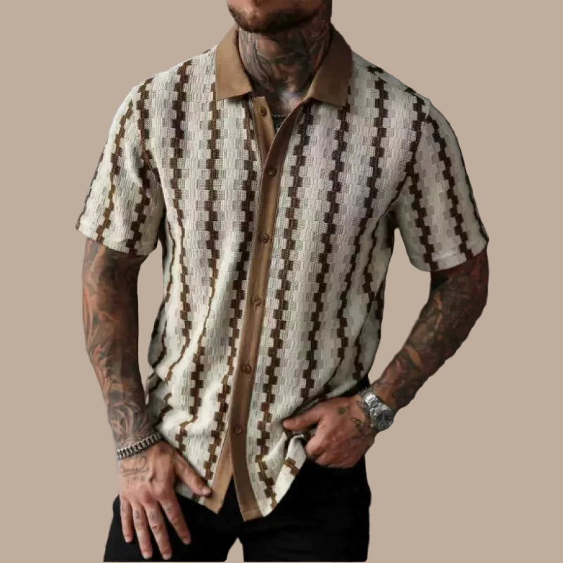 Men's Short Sleeve Shirt with Geometric Stripes – Structured Textured Fabric