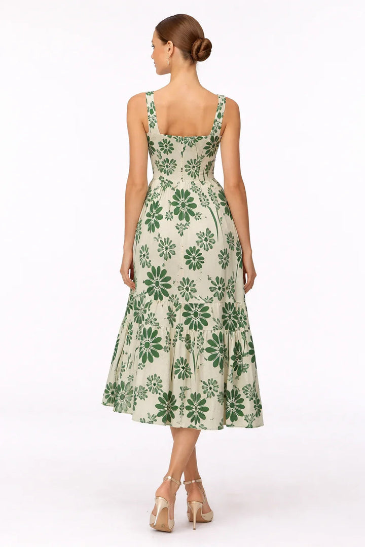 Midikleid für Damen mit Blumenmuster – Oberteil mit Smok-Effekt und gestufter Rock