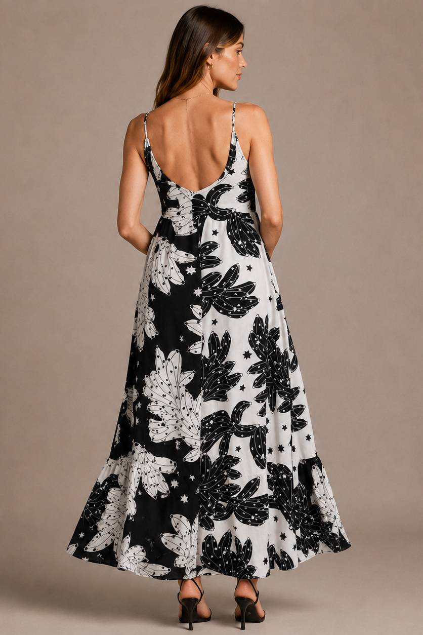 Women's Long Dress Floral Print – V-Neck Thin Straps Flowing Fit