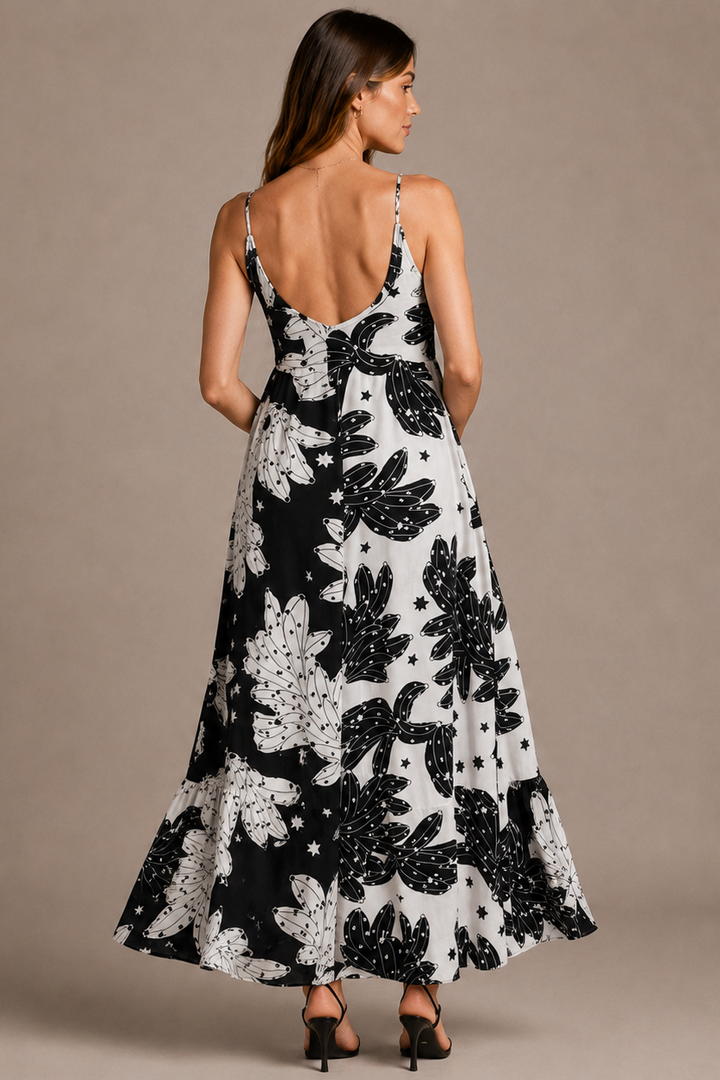 Women's Long Dress Floral Print – V-Neck Thin Straps Flowing Fit
