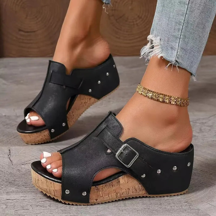Women's Wedge Sandals – Cork-Effect Sole and Decorative Studs